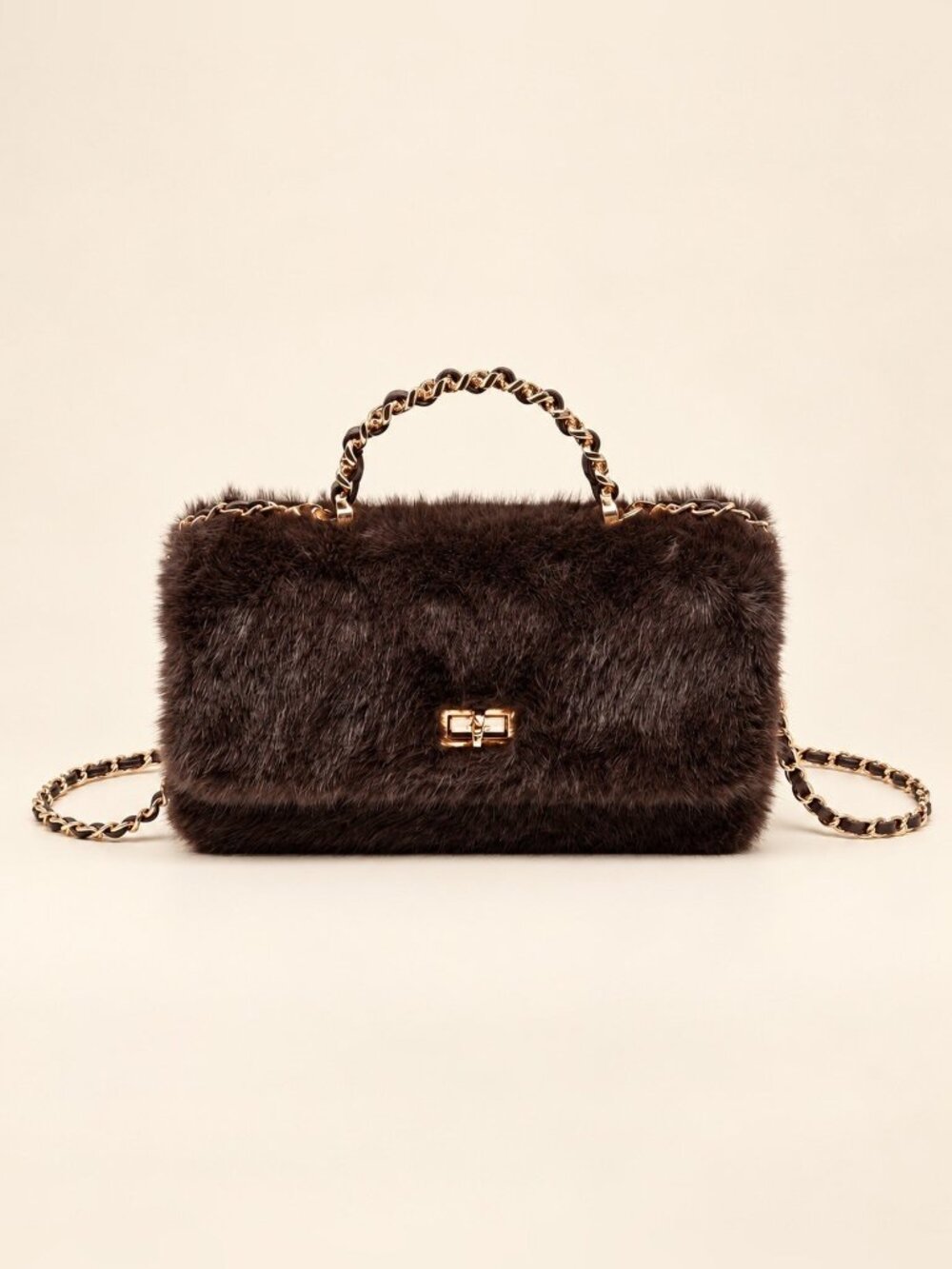 Chocolate Brown Lulu Faux Fur Crossbody Bag NWT Gold Chain Holiday Evening Purse